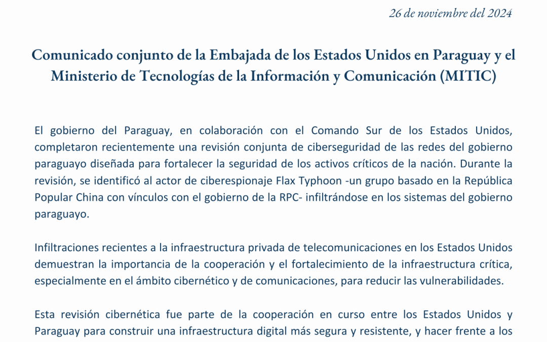 Paraguay fortalece ciberseguridad gracias a cooperación con Estados Unidos