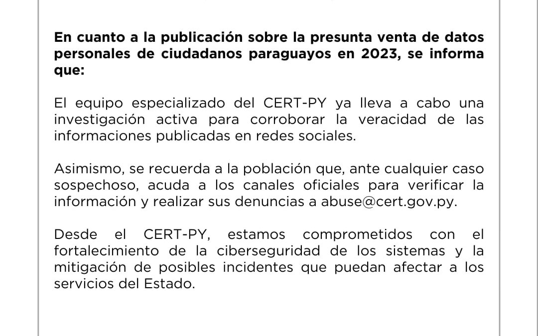 MITIC informa sobre presunta filtración de datos sensibles