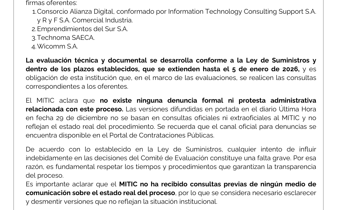 MITIC reafirma la transparencia y rigurosidad en los procesos de licitación y desmiente titular sensacionalista