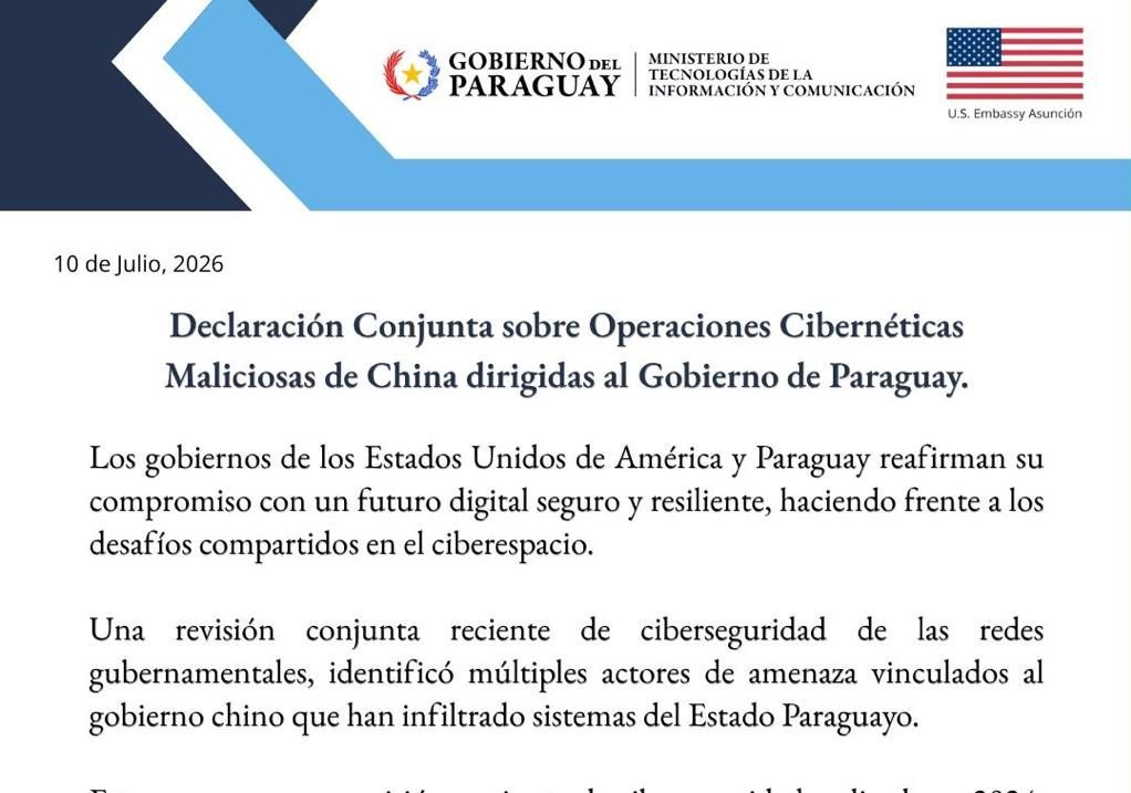 Declaración Conjunta sobre Operaciones Cibernéticas Maliciosas de China dirigidas al Gobierno de Paraguay